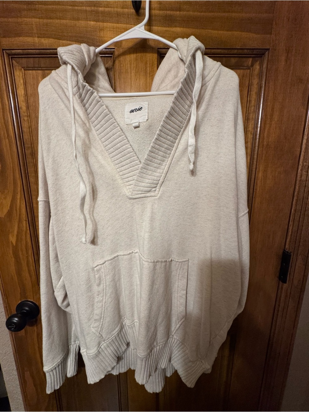 Aerie Cream Hooded V-Neck Knit Sweater